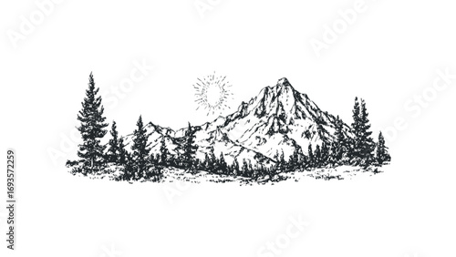 Pencil sketch of majestic mountains and pine trees with sun. Vector hand drawn illustration