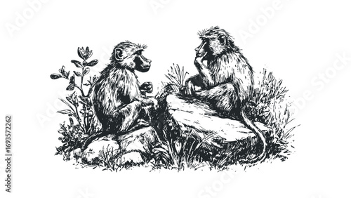 Two baboons sitting on rocks amongst grass and plants. Vector hand drawn illustration