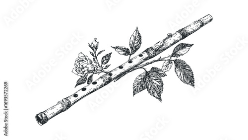 Hand drawn bamboo flute with rose branch on transparent background. Vector hand drawn illustration
