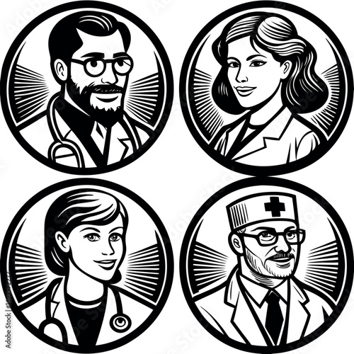 Diverse medical professionals in circular emblems doctors nurses