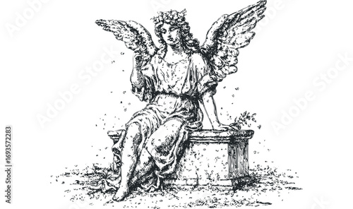Black and white sketch of an angel with wings and a floral wreath. Vector hand drawn illustration