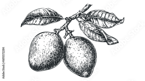 Two ripe mangoes hanging from a tree branch with leaves. Vector hand drawn illustration