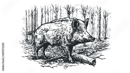 Wild Boar Standing in a Forest Clearing. Vector hand drawn illustration