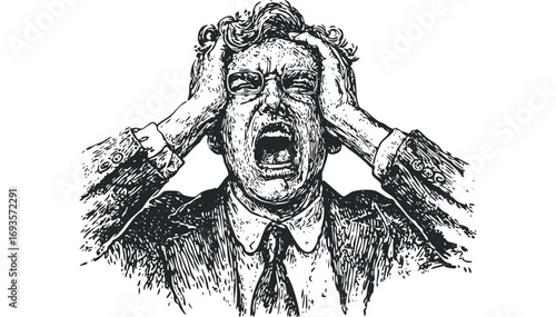Man in suit screaming in distress with hands on head. Vector hand drawn illustration