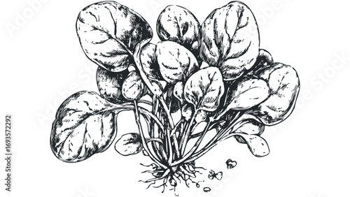 Black and white sketch of fresh spinach plant with roots on transparent. Vector hand drawn illustration