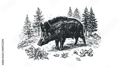 Wild Boar in Forest Scene with Autumn Leaves. Vector hand drawn illustration