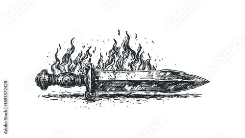 Ancient Sword on Fire Hand Drawn Graphic. Vector hand drawn illustration