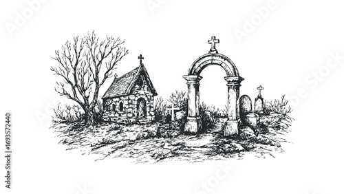 Hand Drawn Sketch of an Old Cemetery with Stone Chapel and Arched Entrance. Vector hand drawn illustration