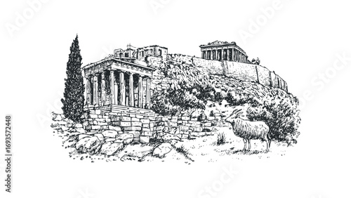 Ancient Greek Temple Architecture with Cypress Tree and Grazing Goat. Vector hand drawn illustration