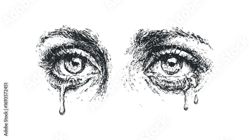 Close-up sketch of weeping eyes with tears on transparent background. Vector hand drawn illustration