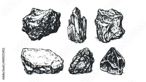 Collection of rough stone and crystal cluster drawings on transparent. Vector hand drawn illustration