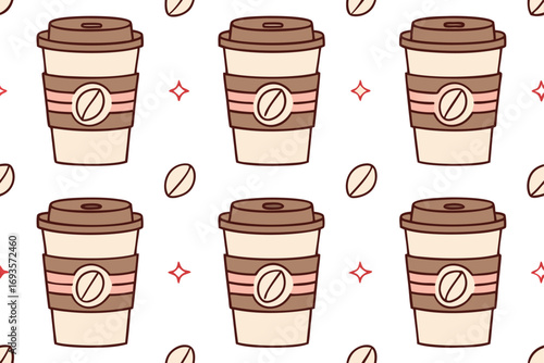 Repeating pattern of cartoon coffee cups with lids Keywords: coffee, cup, to go, takeaway, lid