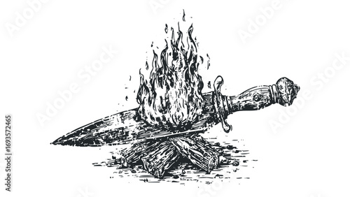 Sword with flames on wooden logs on transparent background. Vector hand drawn illustration