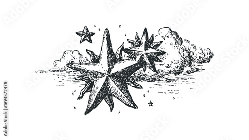 Hand drawn explosion of abstract stars and clouds on transparent background. Vector hand drawn illustration