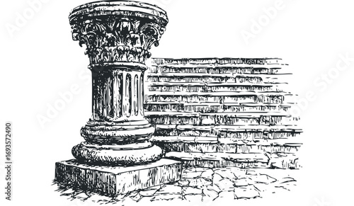 Detailed sketch of ancient stone column capital on textured wall. Vector hand drawn illustration