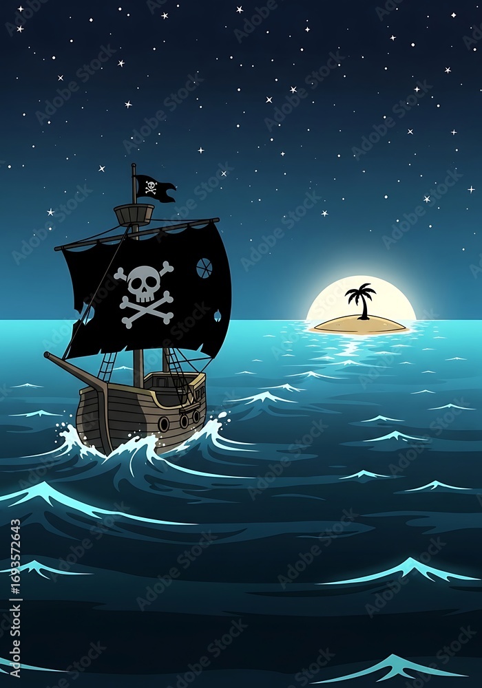 Naklejka premium Cartoon pirate ship sails towards a distant island under the starry night sky creating a sense of adventure and mystery
