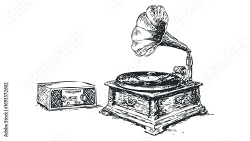 Vintage record player and radio on transparent background. Vector hand drawn illustration