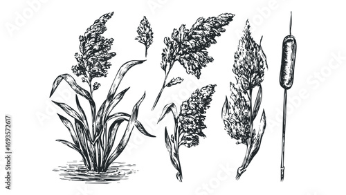 Pencil sketch of various wetland plants and reeds on transparent background. Vector hand drawn illustration