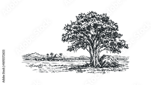 Sketch of a lone acacia tree on a plain with distant mountains and thatched huts. Vector hand drawn illustration
