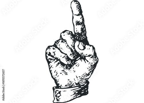 Hand pointing up image, gesture of one, index finger raised. Vector hand drawn illustration