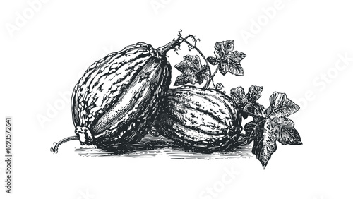 Two striped gourds with vines and leaves on a transparent background image. Vector hand drawn illustration