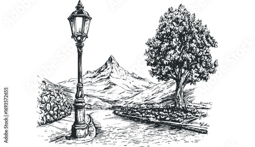 Vintage lamppost and tree on a path overlooking mountains. Vector hand drawn illustration