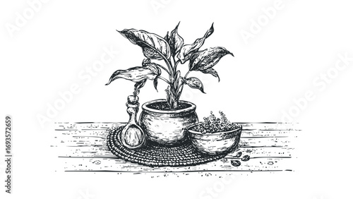 Potted plant with spoon and bowl of beans on wooden surface. Vector hand drawn illustration