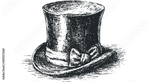 Monochrome Top Hat with Ribbon and Bow. Vector hand drawn illustration