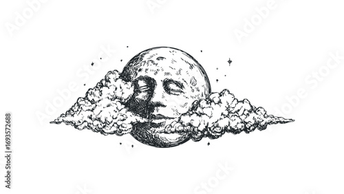 Anthropomorphic Moon with Closed Eyes Amongst Clouds. Vector hand drawn illustration