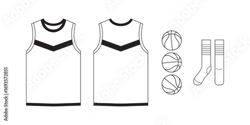 T-shirt flat basketball template jersey mockup outline isolated sport background clothing tee flat sketch