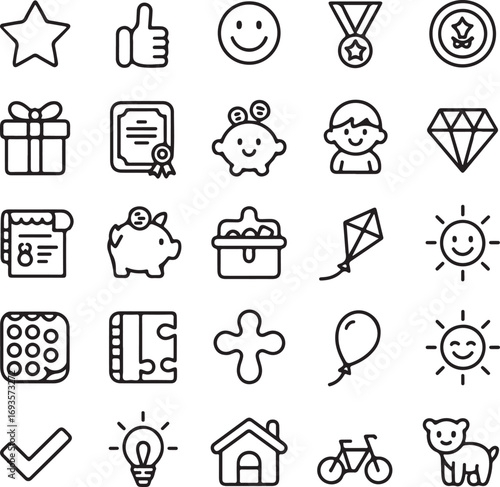 Collection of simple outline icons for star gift certificate piggy bank diamond kite sun like thumb up