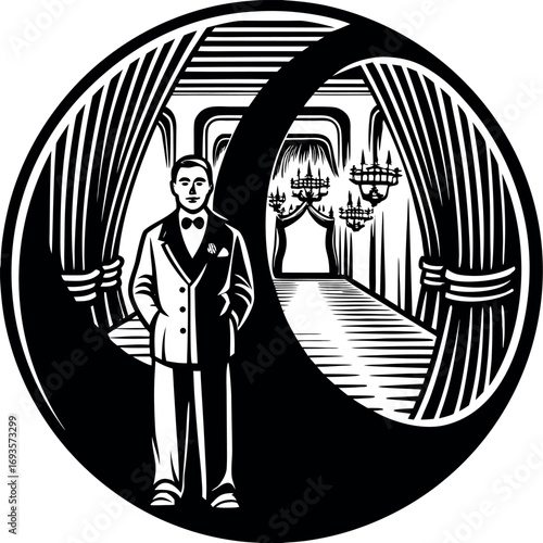 Gentleman standing in opulent hotel hallway with chandeliers suit bowtie