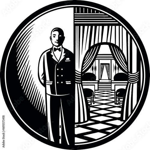 Elegant hotel attendant and ornate interior scene bellhop uniform
