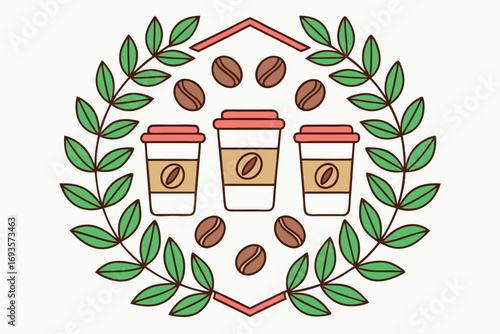 Three Coffee Cups in a Laurel Wreath Keywords: coffee, cups, coffee beans, leaves, laurel