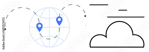 Globe with geolocation markers connected by lines representing connectivity and cloud computing concept. Ideal for tech, network, data, global reach, cloud storage, cybersecurity, and simple landing