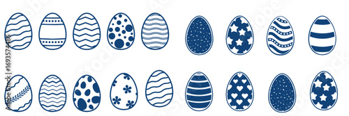 Large set of Easter egg silhouettes, coloring, lines. Set of Easter eggs with ornament. Black linear Easter icon isolated on white background