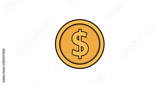 A flat, cartoon-style golden coin featuring a prominent dollar sign and a thick black outline.