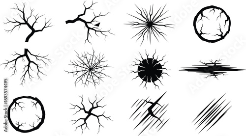 Cracked surface texture set, broken ground, shattered wall effect, damage impact design, black crack elements for horror, disaster visuals.