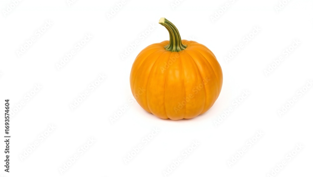 Obraz premium A single ripe orange pumpkin with a green stem on a white background