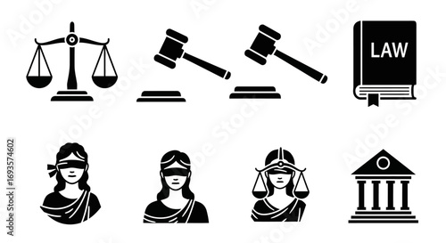 A collection of black silhouette law and justice icons, including scales, a gavel, a law book, Lady Justice, and a courthouse.
