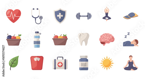Vibrant flat design health and wellness icons, including medical, fitness, nutrition, and lifestyle elements.