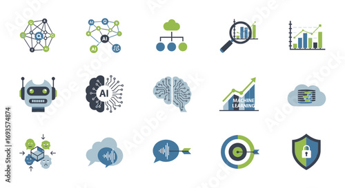 Modern flat vector icon set for AI, data science, cloud computing, business analytics, and security.