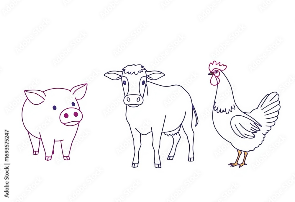 Fototapeta premium Simple line drawings of pig, cow, and chicken; minimalist farm animal illustrations, agriculture, rural