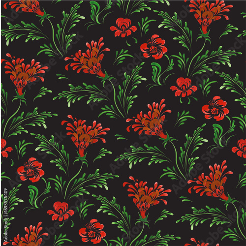 Vector floral seamless pattern from hand painted red meadow flowers on a black background
