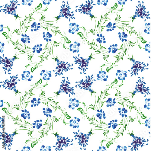 Vector floral seamless pattern from hand painted blue flowers on a white background