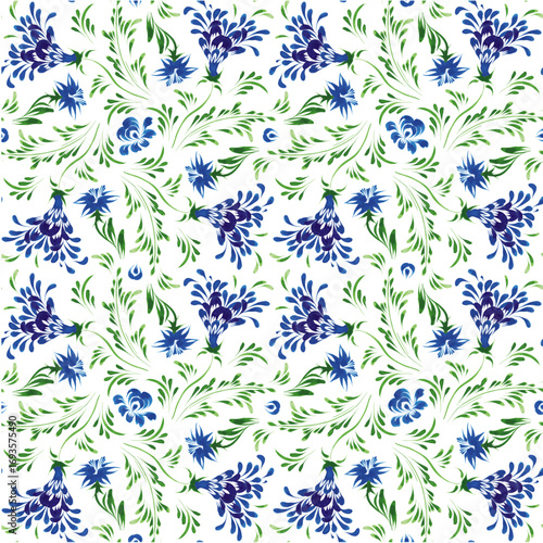 Vector floral seamless pattern from hand painted blue meadow flowers on a white background