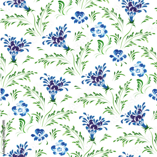 Vector floral seamless pattern from hand painted blue meadow flowers on a white background