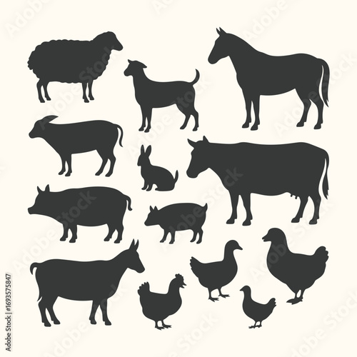 Vector art of collection of farm animal silhouettes