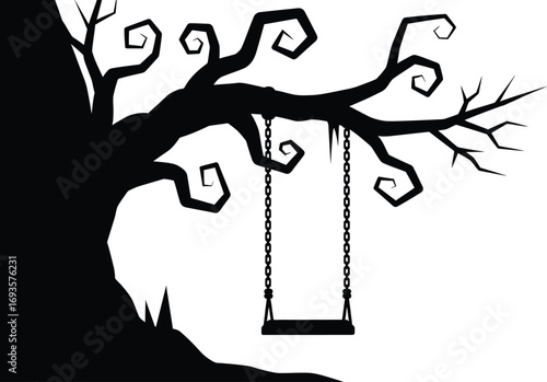 Spooky tree silhouette with a swing, creating a haunting yet nostalgic scene, perfect for Halloween-themed designs