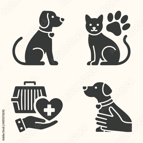Vector art of set of four veterinary icons including a dog, cat, pet carrier, and hand holding a heart with a cross, isolated on a light background